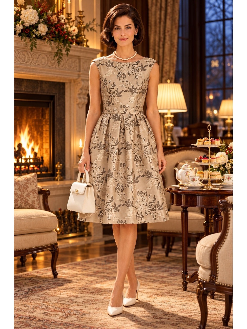 Miss Selfridge Floral Jacquard Fit & Flare Midi Dress Champagne US 6